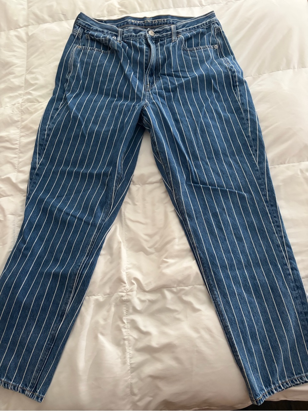 American Eagle Mom Jean in Blue with White Pinstripes